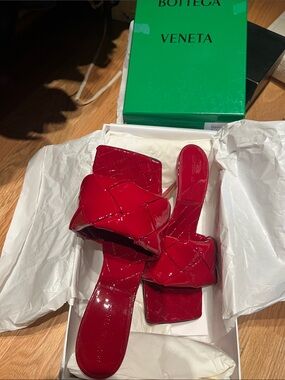 Bottega Veneta Glossy Red Quilted High Heel Mules